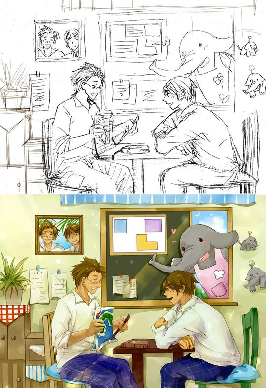 在家咩的草稿上画的彩图,送给那位不断跌进各种冷门坑的家咩@一周扬一