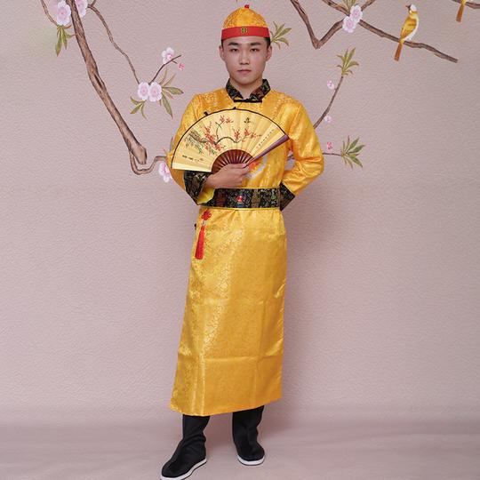 满族清朝男装贝勒爷服装古装阿哥公子老爷王爷太子演出服饰童衣黄色阿哥配帽子110