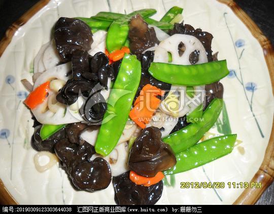 《粤菜图库》查看相似图收藏举报>贵人炒上素藕片炒荷兰豆木耳