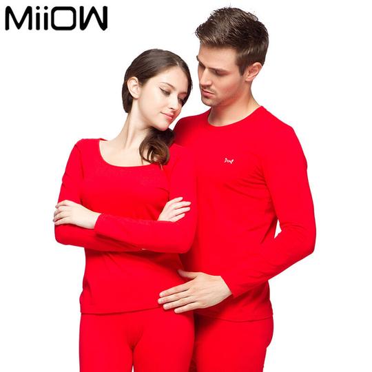 折】猫人miiow红色本命年秋衣秋裤套装情侣男女纯色结婚保暖内衣纯棉