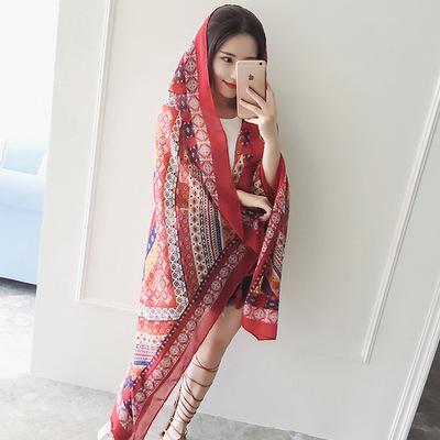春秋新款韩国围巾女复古民族风超大棉麻披肩夏季印花防晒丝巾长款