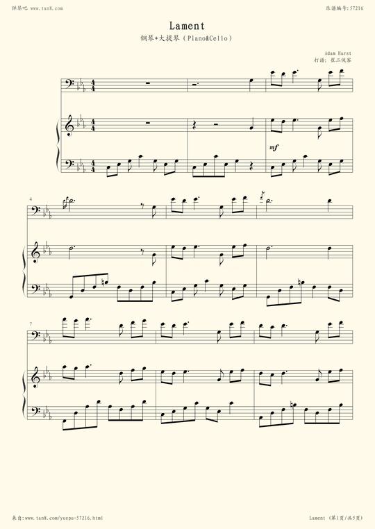 《lament钢琴大提琴原版,钢琴谱》adamhurst(五线谱