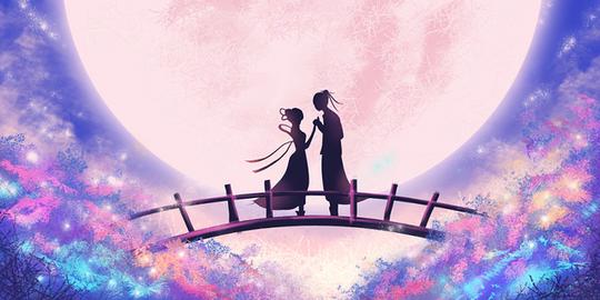 中秋中秋节唯美蓝紫七夕剪影浪漫情人节原创插画海报背景素材