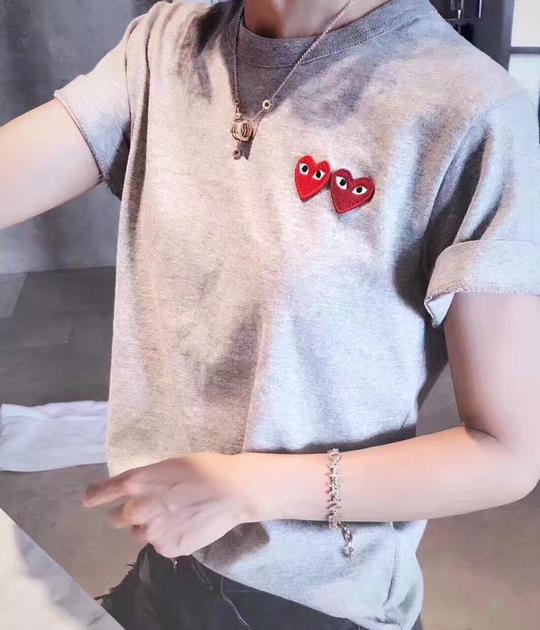 刺绣双爱心潮牌纯棉日系playt恤纯色短袖男女情侣装桃心大码圆领