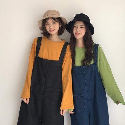 胡楚靓牛仔高腰九分背带阔腿裤宽松闺蜜装甜美直筒学生背带裤女