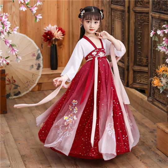 女童汉服仙气襦裙小仙女红色夏天旗袍中国风生日宴会演出服古装裙