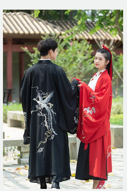 红黑色凤凰绣花大袖衫情侣汉服古风古装团队班服演出服男女款