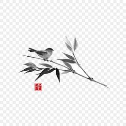 中国水墨竹子和黄鹂鸟