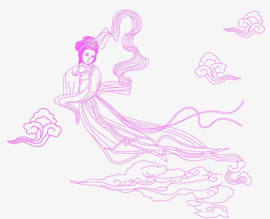 手绘,线条,白描,嫦娥,仙子,广寒宫,红色,祥云,嫦娥后羿