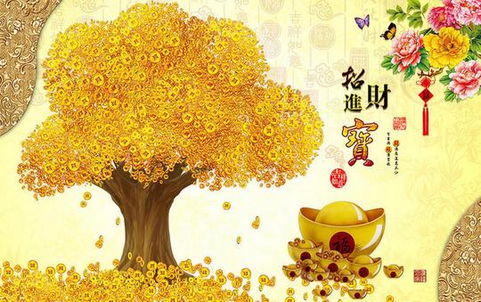 酒店大堂生意兴隆发财树背景墙棋牌室前台招财树3d无缝壁画