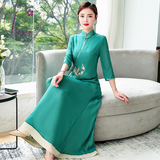 旗袍女夏季2019新款中国风日常长款优雅复古汉服改良版走秀连衣裙