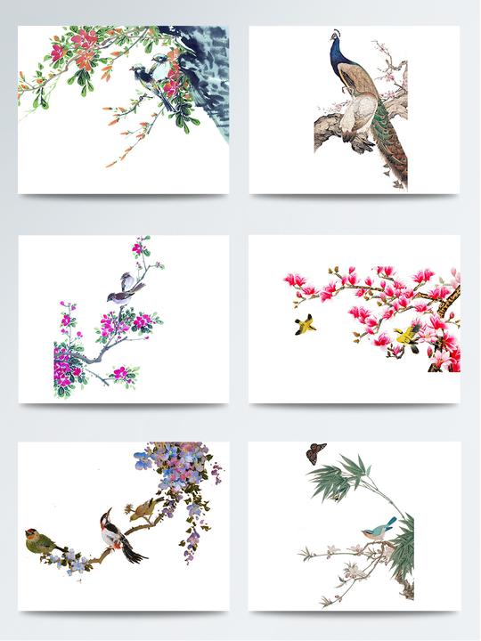 工笔画桃花与鸟