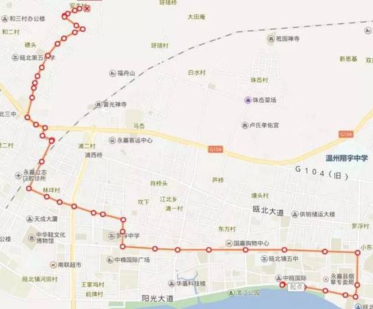 农(工)行,创业路,龙桥新街,瓯北五中,陡门头,新桥,蔡桥,渡江,罗浮中学