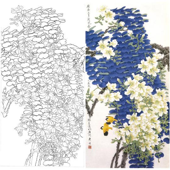 高清工笔画素材国画白描底稿周彦生工笔竖幅四尺六尺花鸟紫荆a069