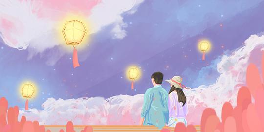 唯美梦幻粉色系七夕情侣背影孔明灯原创插画素材背景