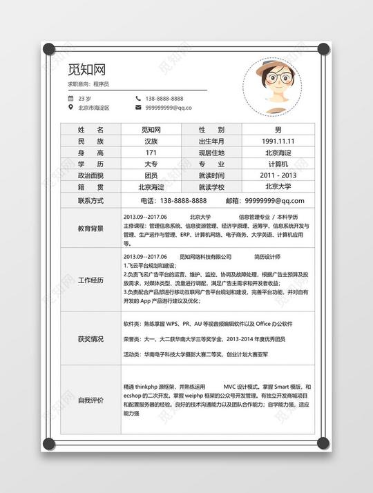 灰色简约大气程序员word格式表格简历模板