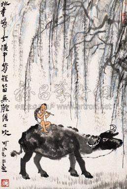 187近现代牧童吹笛轴