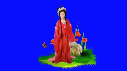 红衣古典美女葬花蓝屏抠像后期特效视频素材
