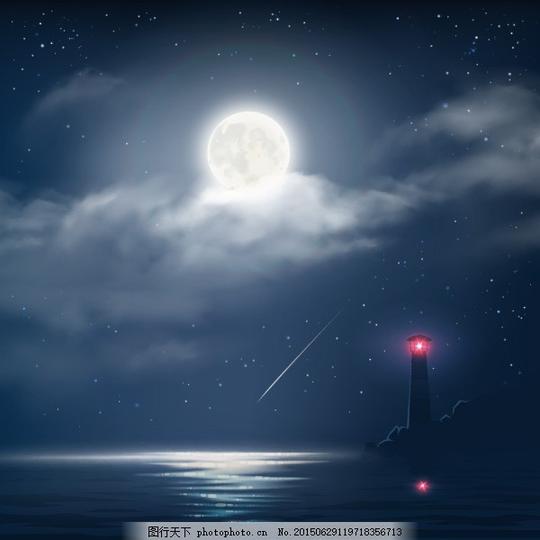 黑夜中的灯塔景色矢量素材夜色天空月亮云朵云层建筑光点