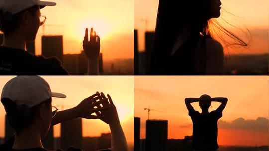 伤感女孩剪影，拥抱太阳，日出夕阳4k素材