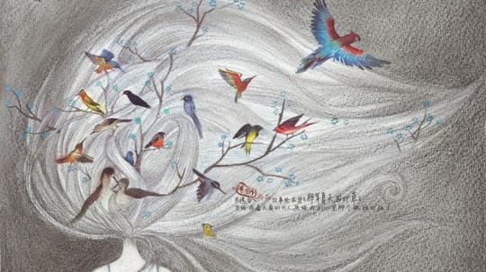 高清图库素材模板&lt;/strong&gt;下载,本次高清图库作品主题是头发里的鸟群飞舞
