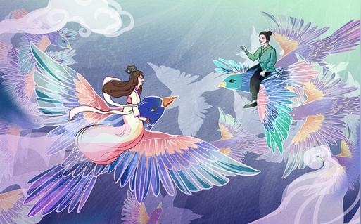 唯美蓝紫七夕鹊桥相会原创插画海报背景素材