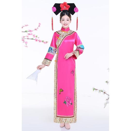 清朝满族古装女还珠格格服饰公主宫女皇后旗袍大码宫廷服装玫红色+围巾+手帕+头饰s