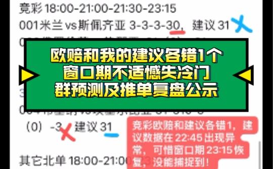 欧赔和我的建议各错1个，窗口期不适憾失冷门，群预测及推单复盘公示!(应援团持续募新!)