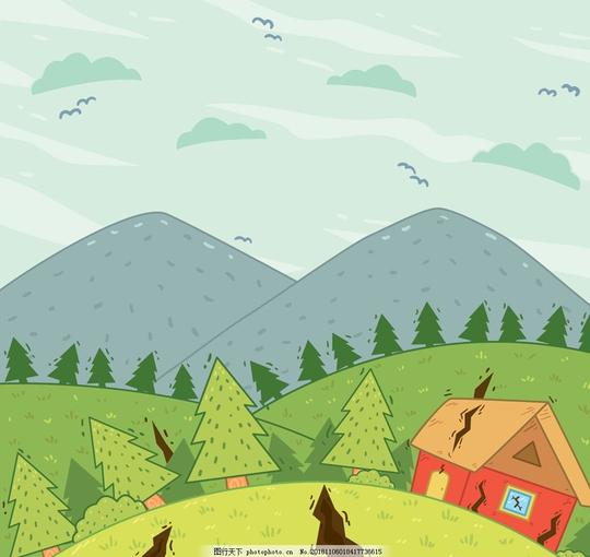 创意地震灾害插画矢量素材山裂缝房屋树木森林自然灾害