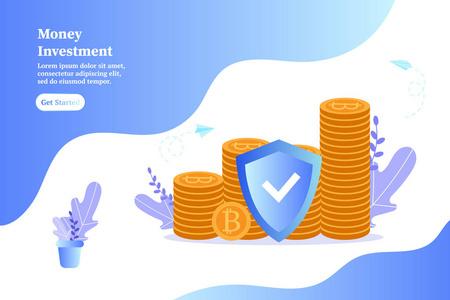 货币投资、省钱、采矿、做生意、创业理念。网页落地海报横幅展示社交媒体图片