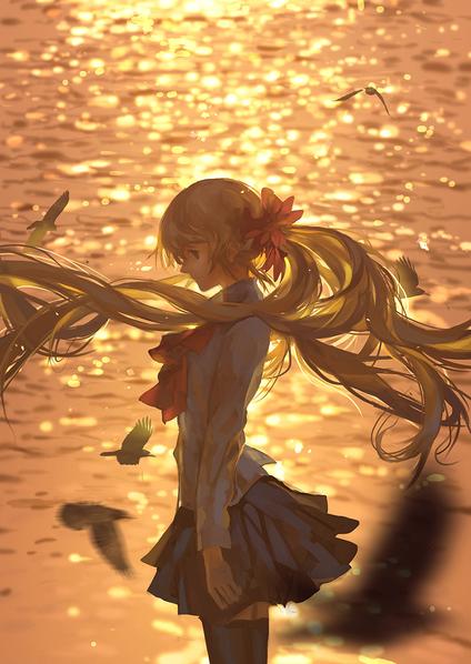 壁纸动漫唯美意境插画清新甜美可爱凊纯长发女生少年落日