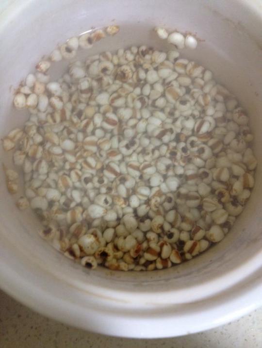 炒干的薏仁热水，同红豆一样泡4小时以上。