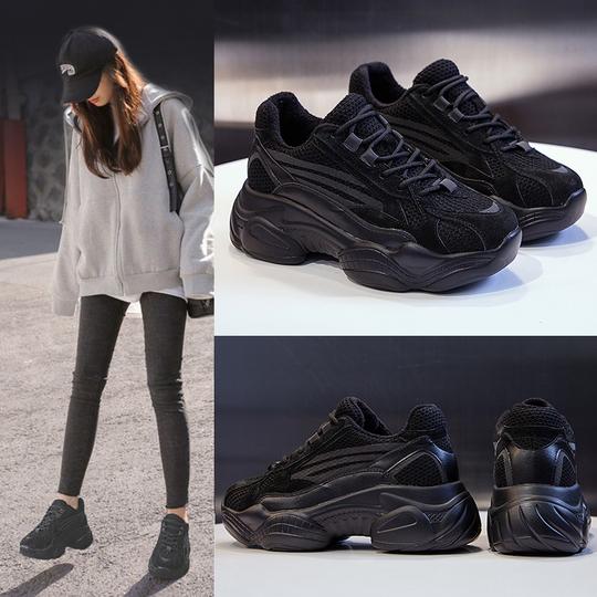 纯黑老爹鞋ins潮女2019秋冬季网红增高原宿显脚小超火智熏鞋加绒