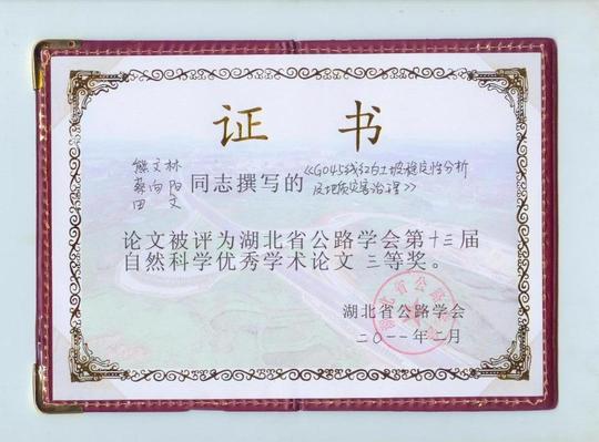 相关支撑材料获奖证书