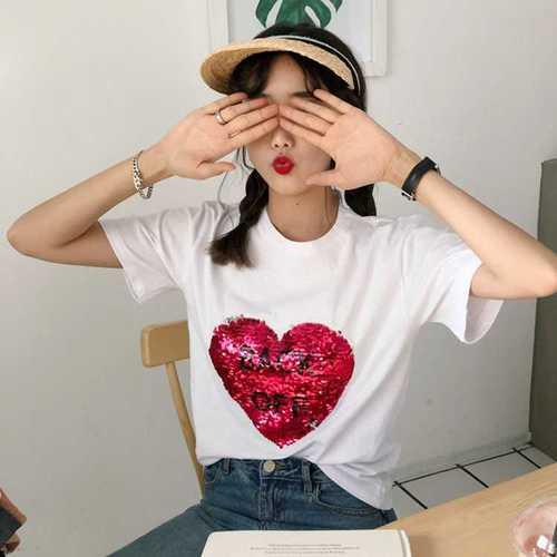 短袖t恤女夏季抖音网红同款学生爱心桃心亮片变色修身魔术上衣