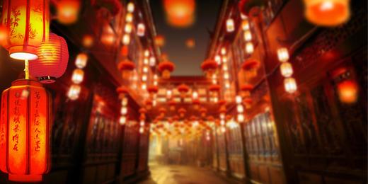 红色喜庆中国风灯笼古建筑小年元宵光晕海报背景小年元宵创意背景