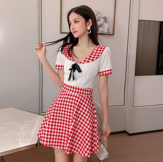 时尚小清新甜美短裙百搭格子学院风制服收腰显瘦a字连衣裙夏装女