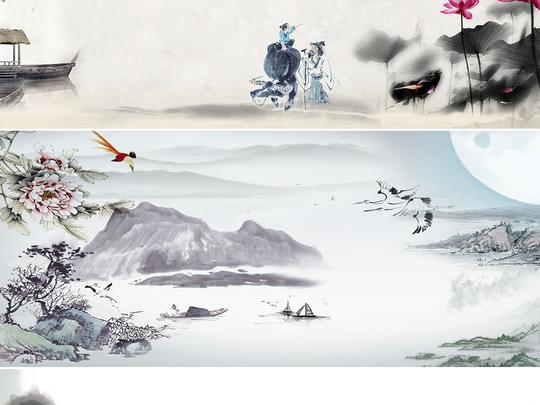 古风古韵淡雅中国风水墨山水荷花海报背景图