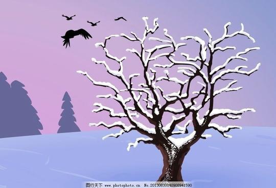树枝上的雪花乌鸦素材雪花动画树枝素材紫色背景乌鸦鸣叫