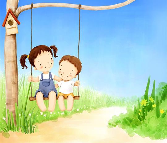 卡通荡秋千漫画家庭生活源文件姐弟psd分层素材分层图片姐弟俩幸福