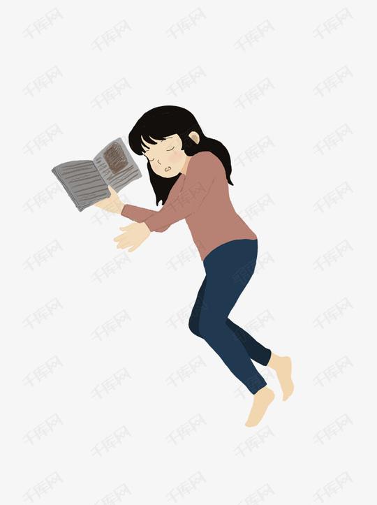 卡通手绘看书睡觉的女孩可商用元素素材图片免费下载_