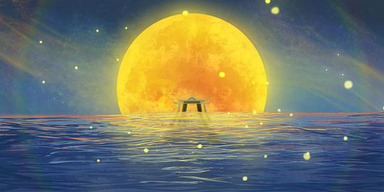 国庆国庆节中秋中秋节月亮湖水倒影唯美风景中秋原创手绘插画素材