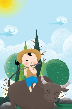 清明时节牧童吹笛原创插画海报手机壁纸