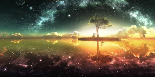 梦幻星空卡通树素材免费下载