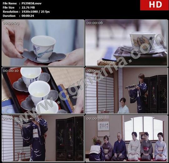 ps39858茶托茶杯日本煎茶道点茶文化屏风茶室和服礼仪客人高清实拍