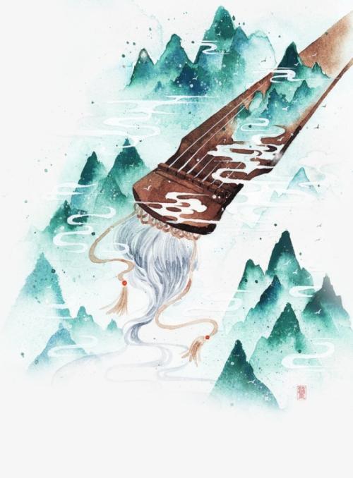 唯美古风手绘琴插画免抠作图素材封面
