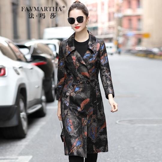 法玛莎品牌真皮皮衣女中长款2020秋流行时尚绵羊花皮风衣外套气质显瘦真皮大衣花色2xl