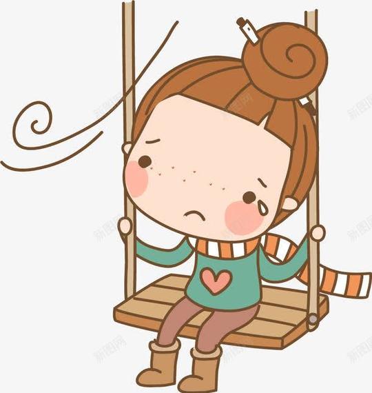 卡通手绘坐在秋千上哭的女孩免抠png设计图片免费下载页面网页平面电商创意素材
