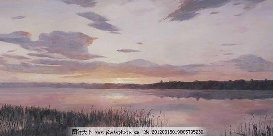 油画作品日出太阳阳光湖水倒影云海芦苇
