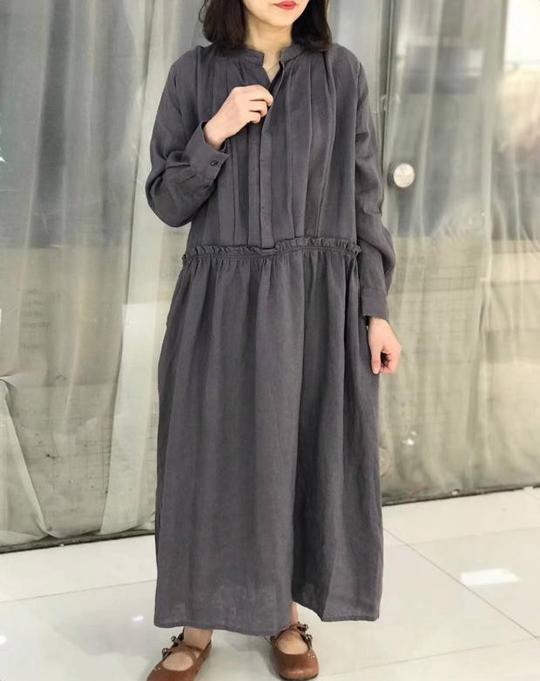 纯亚麻长款连衣裙半门襟开扣宽松森女2019年春季新款3色入